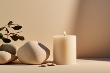 Aroma candle on beige background. Warm aesthetic composition with stones. Cozy home comfort, relaxation and wellness concept. Interior decoration mockup