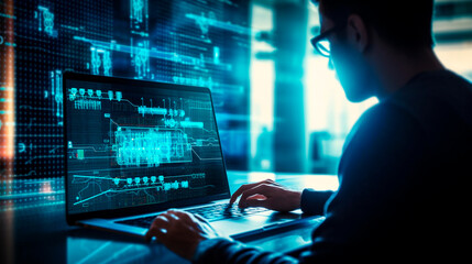 Software development concept. Coding programmer, software engineer working on laptop with javascript computer code on virtual screen, internet of things IoT, digital technology. Generative AI