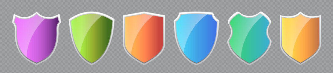 Wall Mural - Set of vector shields. Colorful glossy shield collection with silver frame. Isolated illustration on transparent background EPS10