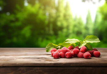 Wall Mural - Wooden table with raspberries and free space on nature blurred background. Generated AI.