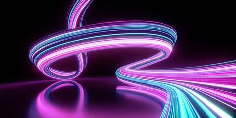 3d render. abstract neon wallpaper. glowing lines over black background. light drawing trajectory, t