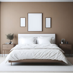 Modern minimalistic bedroom interior with white bed, night tables, plant and three picture frames on light brown wall background. Generated AI.