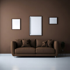 Modern and minimalistic living room interior with brown sofa and three picture frames in brown wall background. Generated AI.
