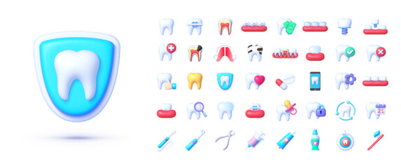 Dentistry icons 3d, great design for any purposes. Orthodontic dentistry. Healthcare medicine concept. White background. Realistic 3d vector design