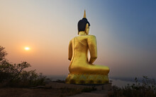 Golden Buddha Overlooking Pakse At Wat Phousalao. Laos