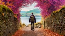 Traveler In Pink Jacket  Backpack  Autumn Lake District England