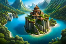 Floating Island, With Cascading Waterfalls And Lush Flora / Island Adorned With Waterfalls And Vibrant Plants, Illustrate Generative  AI