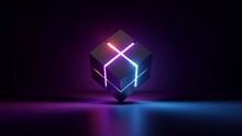 3d Render, Abstract Background Of Cubic Box With Glowing Neon Lines. Glowing Object Inside The Dark Room. Virtual Reality. Futuristic Minimalist Wallpaper