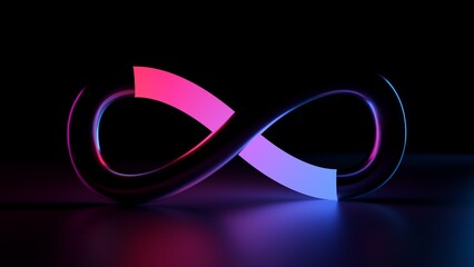 Wall Mural - 3d render, abstract minimalist neon background, endless loop shape, infinity symbol glowing in the d