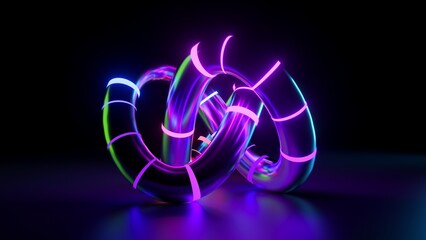 3d render, abstract futuristic neon background, knotted tube shape glowing in the dark