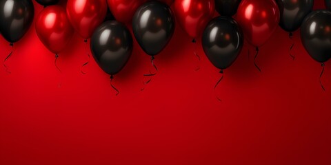 Bunch of black and red balloons on red background, space for text. banner design. generative AI