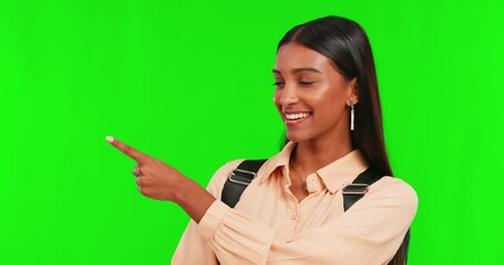 Sticker - Green screen, happy girl or portrait of student pointing school list, menu or university choice on mockup. Face, process chart or woman showing education plan, option or study info on studio space