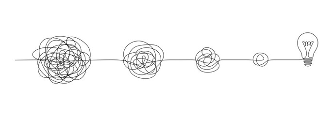 one continuous line drawing of way from chaotic to simplicity and lightbulb. concept of problem solv
