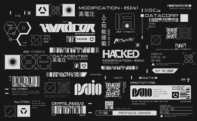 cyberpunk decals set. set of vector stickers and labels in futuristic style. inscriptions and symbol