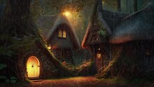 Cabin In The Warm Night Forest