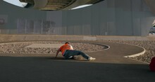 A Construction Worker, Wearing A Protective Vest, Comically Runs And Unexpectedly Stumbles On A Skateboard. A Humorous Moment That Combines Work And Play, Capturing The Lighthearted Side Of The Job