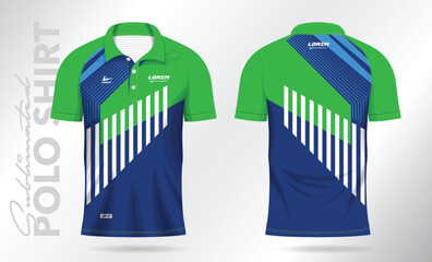 blue green sublimation Polo Shirt mockup template design for badminton jersey, tennis, soccer, football or sport uniform