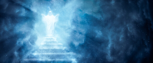 Canvas Print - Jesus Christ On Stairway In The Clouds With Brilliant Light - Ascension And Return Of Christ Concept