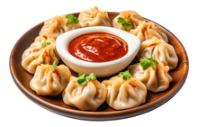 Traditional Dumpling Momos Food From Nepal Served With Tomato Chutney In Plate Isolated.