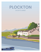 Beautiful View With House And Lake Of Plockton In Scotland.
Vector Illustration Landscape For Travel Poster, Poscard, Card, Print. 