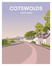 Beautiful View Cotswold Village With Hills The Background And A Purple Sky From The Sunset. Vector Illustration Landscape Background.