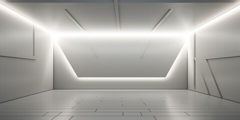 Wall Mural - Empty light and dark interior background. White geometrically textured 3D empty wall and smooth light floor with beautiful lighting