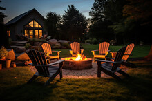 Outdoor Fire Pit In The Backyard With Lawn Chairs Seating On A Late Summer Night