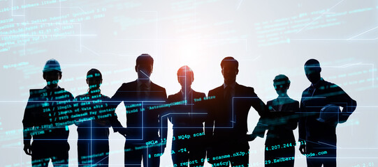 Poster - Group of multinational people and digital technology concept. Digital transformation. System engineering.