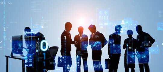 Group of multinational people and digital technology concept. Digital transformation. System engineering.