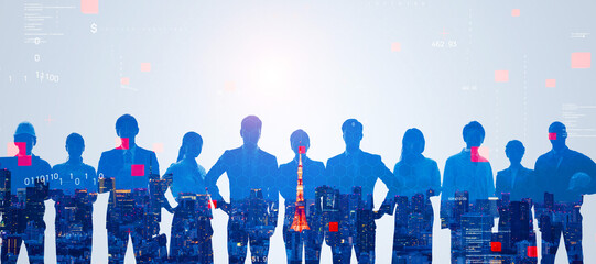 Poster - Group of multinational people and digital technology concept. Digital transformation. System engineering.