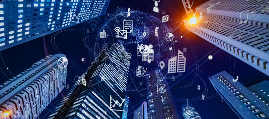 Poster - Modern cityscape and communication network concept. Telecommunication. IoT (Internet of Things). 5G. Smart city. Digital transformation. Composite visual with a drone point of view. Mixed media.