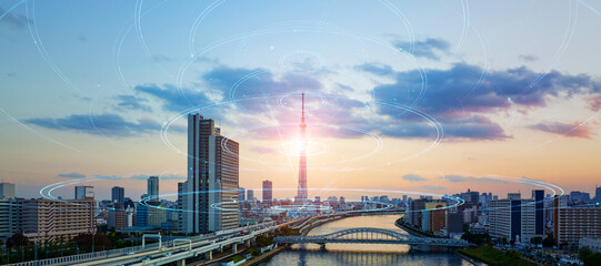 Aufkleber - Modern cityscape and communication network concept. Telecommunication. IoT (Internet of Things). 5G. Smart city. Digital transformation. Composite visual with a drone point of view. Mixed media.