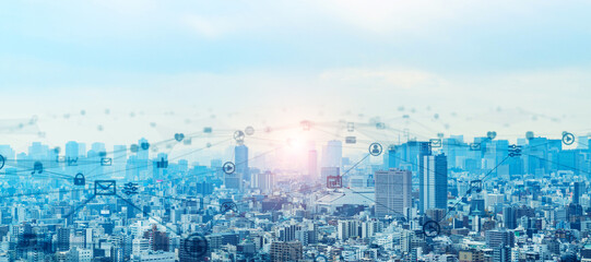 Aufkleber - Modern cityscape and communication network concept. Telecommunication. IoT (Internet of Things). 5G. Smart city. Digital transformation. Composite visual with a drone point of view. Mixed media.