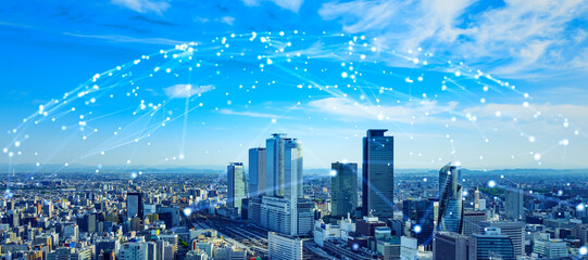 Aufkleber - Modern cityscape and communication network concept. Telecommunication. IoT (Internet of Things). 5G. Smart city. Digital transformation. Composite visual with a drone point of view. Mixed media.