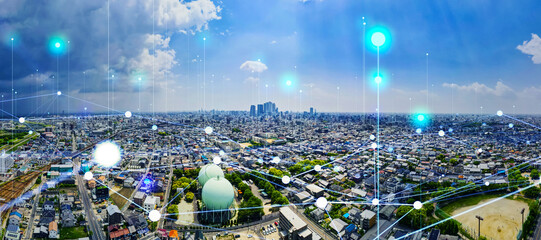 Aufkleber - Modern cityscape and communication network concept. Telecommunication. IoT (Internet of Things). 5G. Smart city. Digital transformation. Composite visual with a drone point of view. Mixed media.