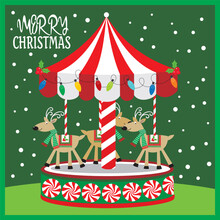 Merry Christmas Card With Merry Go Round And Reindeer