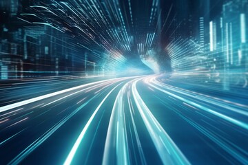 High speed with binary code numbers on motion blurred path or track, speed and faster digital matrix technology information concept.