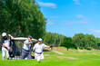 © CandyRetriever  - Happy Asian senior man friends golfing on golf course fairway together at country club. Healthy elderly people golfer enjoy outdoor lifestyle leisure activity golf sport on summer holiday vacation.
