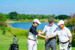 © CandyRetriever  - Group of Asian people businessman and senior CEO shaking hands after success business agreement and golf game at country club. Healthy elderly people enjoy outdoor sport lifestyle on summer vacation.