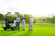 © CandyRetriever  - Group of Asian businessman and senior CEO talking together during golfing on golf course. Healthy retired elderly people enjoy outdoor activity lifestyle at country club on summer holiday vacation.