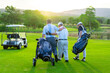 © CandyRetriever  - Group of Asian businessman and senior CEO holding golf bag walking on golf course with talking together. Healthy people enjoy outdoor sport lifestyle golfing at country club on summer holiday vacation