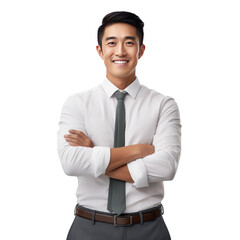 Young handsome asian man happy face smiling with crossed arms looking at the camera. Positive Successful businessman, isolated on white transparent background, ai generate