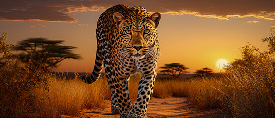 A beautiful leopard hunting in the African savanna. This impressive dangerous predator is near the top of african wildlife food chain. A great big cat.