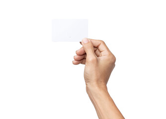 business man hand holding business card isolated on white background with clipping path