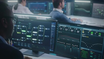 Multiethnic team of IT technical specialists work on computers with displayed big data server, blockchain network and live analysis charts in monitoring control room. Concept of cyber security.