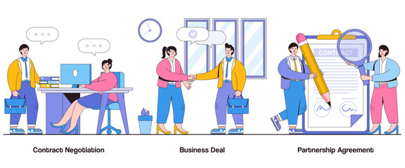 Wall Mural - Contract Negotiation, Business Deal, Partnership Agreement Concept with Character. Business Collaboration Abstract Vector Illustration Set. Deal Closing Metaphor