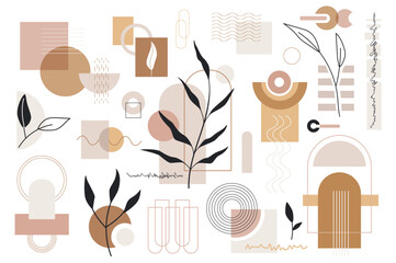 Aufkleber - Abstract geometrical and floral objects mega set in graphic flat design. Bundle elements of different brown and beige geometric shapes and leaf plants collage. Vector illustration isolated stickers
