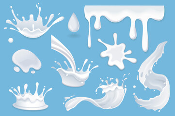 Aufkleber - Milk splashing mega set in graphic flat design. Bundle elements of milky waves, flouring, splatters with drops, dairy products swirling and falling flow template. Vector illustration isolated objects