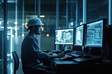 Wall Mural - Engineer working on computer in control room. Engineering and technology concept