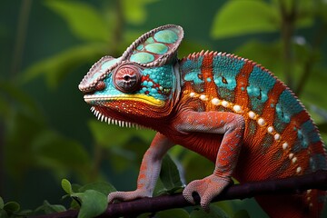 Multicolored Panther Chameleon Furcifer pardali is sitting on the branch. Green leaves background.